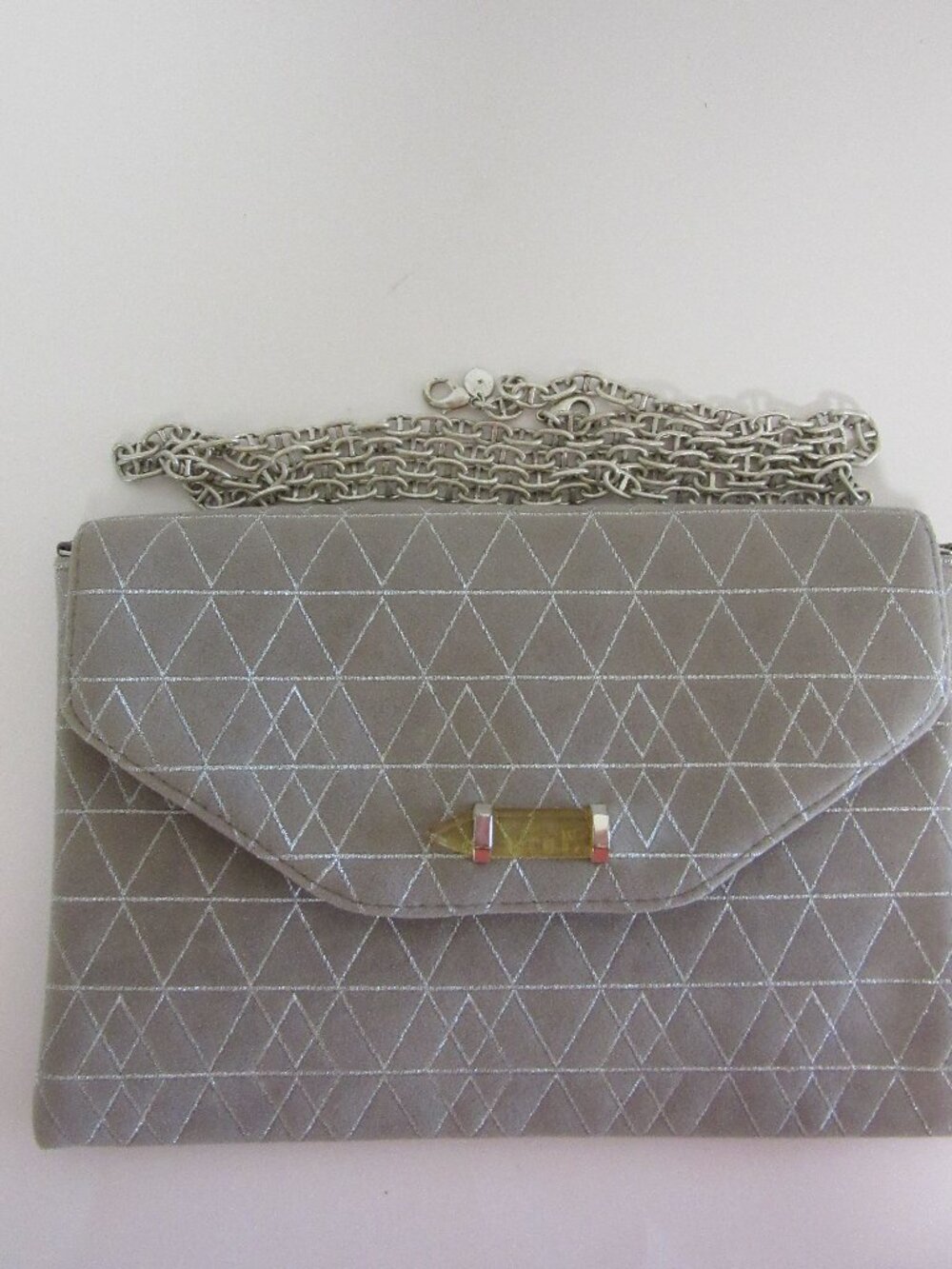 Stella & Dot Gray Leather with Silver Metallic Geometric Pattern Crossbody Bag